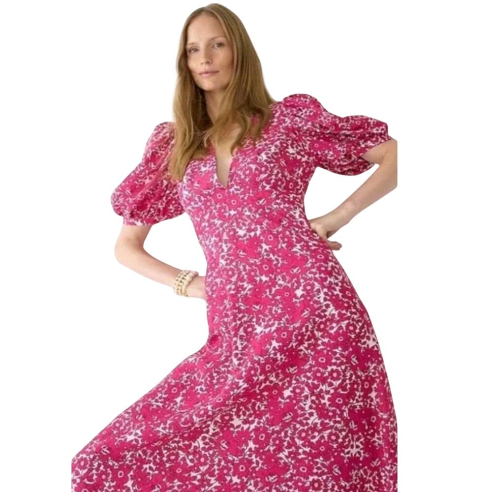 New J CREW Collection puff-sleeve V-neck Drapey Floral Maxi Dress Size 10 Pink